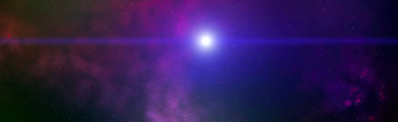Panoramic deep space background with bright glowing star, cinematic lens flare, and purple nebula. © Maximusdn