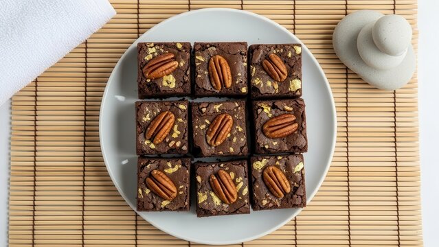 Topdown view of nine gourmet chocolate brownies topped with pecans and edible gold leaf on a white plate, set on a bamboo mat with a white towel and zen stones