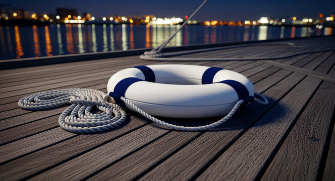 White and blue lifebuoy with coiled rope on a wooden pier at night. City lights reflect on the calm harbor water. Safety and rescue concept, ideal for maritime security and insurance marketing.