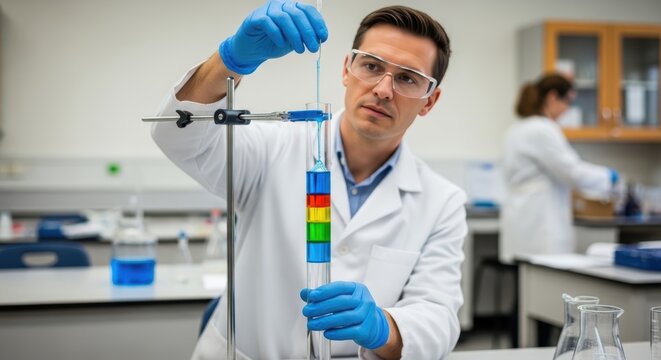 Scientist performing density experiment with layered liquids in laboratory test tube