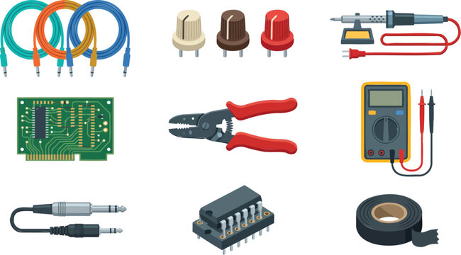Electronics components and tools vector set, flat lay illustration with various equipment and parts for repair and hobby, top view flat design vector collection