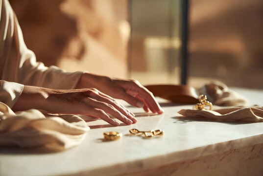 Middle Eastern lifestyle close-up of woman's hands with henna and gold jewellery on marble in Dubai