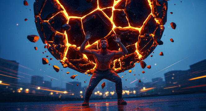 Powerful man holding up a massive glowing cracked boulder in a city. Muscular figure straining under the weight of a giant burning rock. Resilience concept for leadership and crisis management.