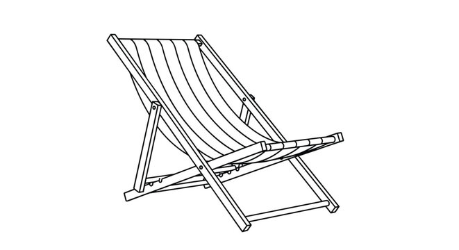 Simple black and white line drawing of a classic wooden deck chair for outdoor relaxation on a beach or in a garden.