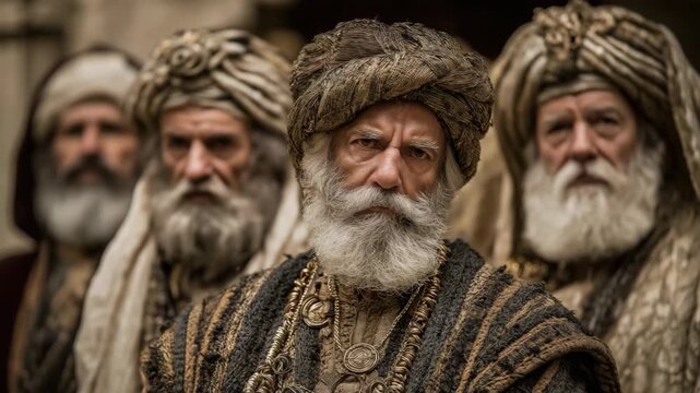 Close up portrait of ancient Persian men on a town street, historical scene with traditional attire, cultural heritage and dignified expressions
