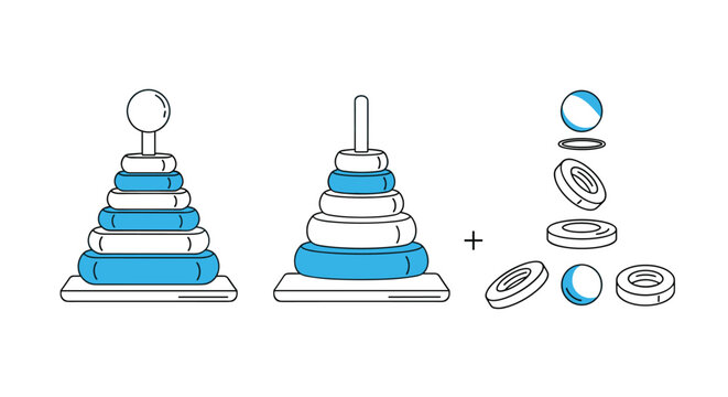 Educational diagrams of a stacking rings toy showing the completed assembly and individual pieces with blue color accents.