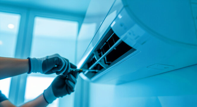 Technician repairing a wall air conditioner with a screwdriver. Specialist performing HVAC maintenance in a room. Cooling system service concept, ideal for appliance repair and HVAC ads.