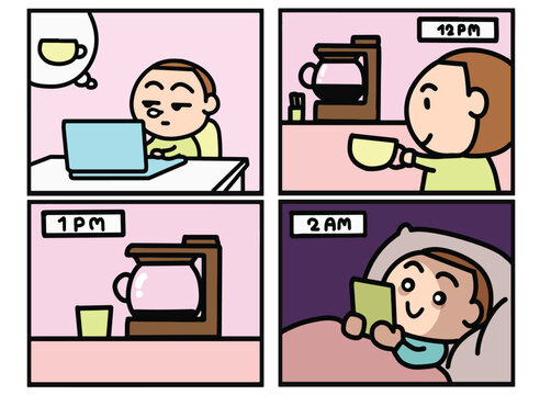 Man drinking coffee at noon and having insomnia using phone at night comic