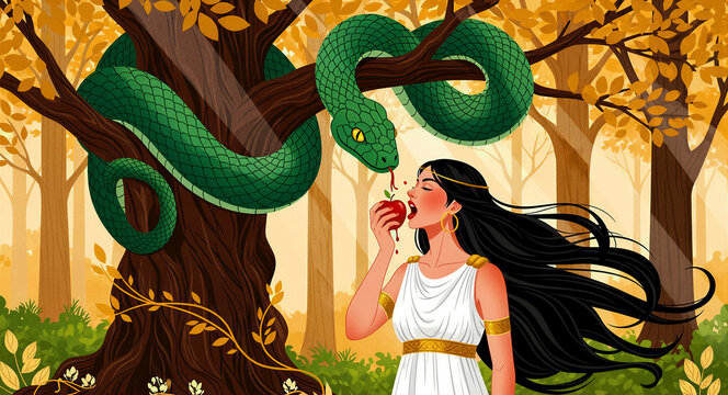 Woman in a white dress eating a red apple under a tree. A large green snake is coiled around a branch in a mythical golden forest. Biblical temptation concept, ideal for religious storytelling.
