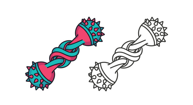 Durable knotted rope dog toy with spiked rubber ends in both colored and line art versions for pet supply marketing and animal care illustrations.