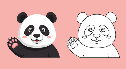 Fototapeta premium Cute cartoon giant panda waving hello is presented in both a colored version and a black and white line art style.