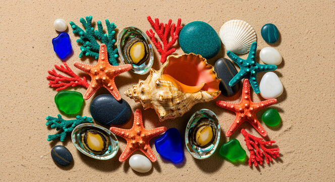 Colorful seashells, starfish, and coral arranged on a sandy beach. Flat lay features abalone, sea glass, and smooth stones. Tropical summer concept for marine education and travel ads.