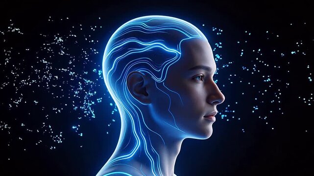Human head with glowing blue neural pathways