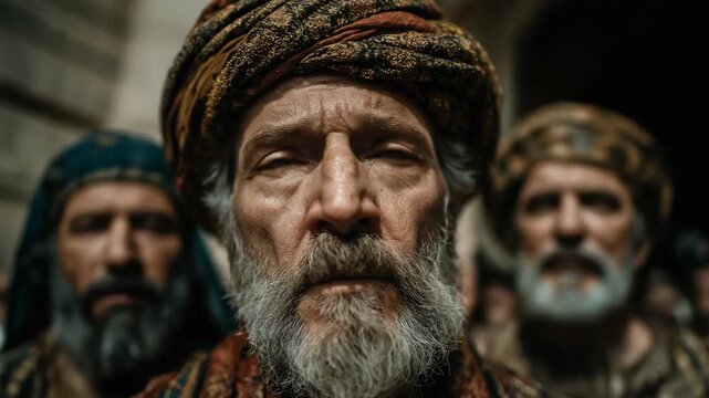 Close up portrait of ancient Persian men on a town street, historical scene with traditional attire, cultural heritage and dignified expressions