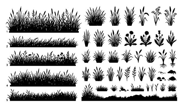 Grass border silhouettes natural landscape ground elements vector illustration set isolated on white background