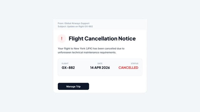 Flight cancellation notice user interface with technical maintenance alert and manage trip button