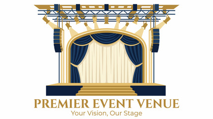 An elegant logo concept for a premier event venue featuring a stage and curtains highlighted by stage lights, conveying sophistication and creativity for event planning. © june