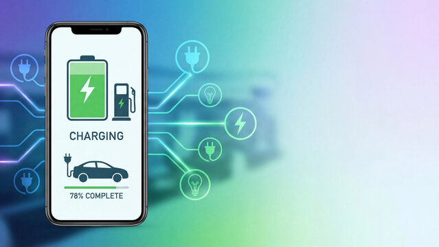 Electric vehicle charging station management mobile application showing real time battery charging progress and smart energy monitoring for sustainable transportation technology