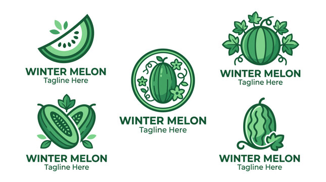 This collection features various artistic styles of winter melon designs, emphasizing its unique shape and vibrant green color, ideal for culinary and organic-themed projects.