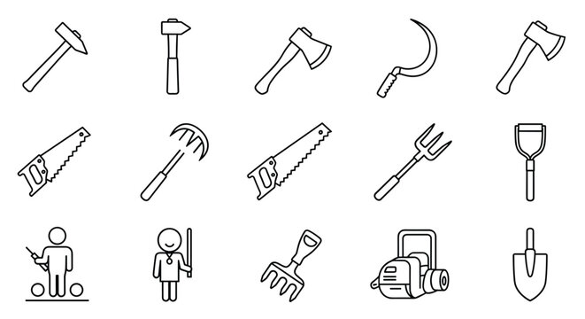 Comprehensive icon set of garden and workshop tools includes hammers, axes, saws, and shovels in a clean line art style.