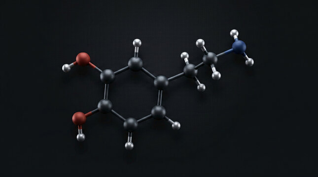 3D Render of a Dopamine Molecule Chemical Structure Model Representing the Neurotransmitter of Reward and Motivation for Science Education and Medical Research on a Dark Textured Background, Quantum