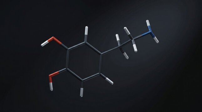 3D Model of Dopamine Molecule Neurotransmitter Hormone Chemical Structure Rendering for Medical Research Science Education Mental Health Happiness and Brain Chemistry Concept, Molecular Chemistry, DFT