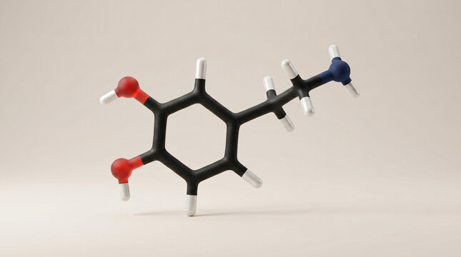 Dopamine Molecule 3D Model Neurotransmitter Chemical Structure, Happiness Reward and Motivation Brain Chemistry Concept, Science Education Medical Research, Mental Health Wellness, wellbeing, Research