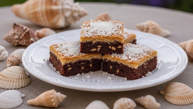 Delicious layered chocolate and coconut brownies on a white plate surrounded by seashells