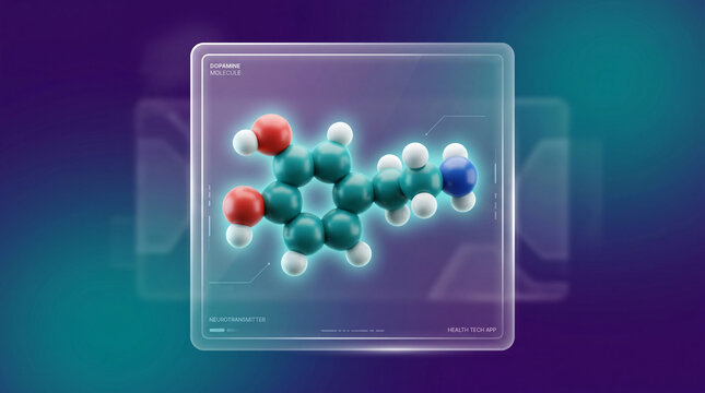 3D Dopamine Molecule Model Visualization, Neurotransmitter Chemical Structure for Science and Health Tech, Medical Illustration of Reward System Hormone on Digital Interface for Neuroscience Study