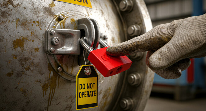 Hand in glove touching red padlock on industrial machine. Lockout tagout procedure with Do Not Operate tag on a metal hatch. Industrial safety concept for workplace maintenance training.