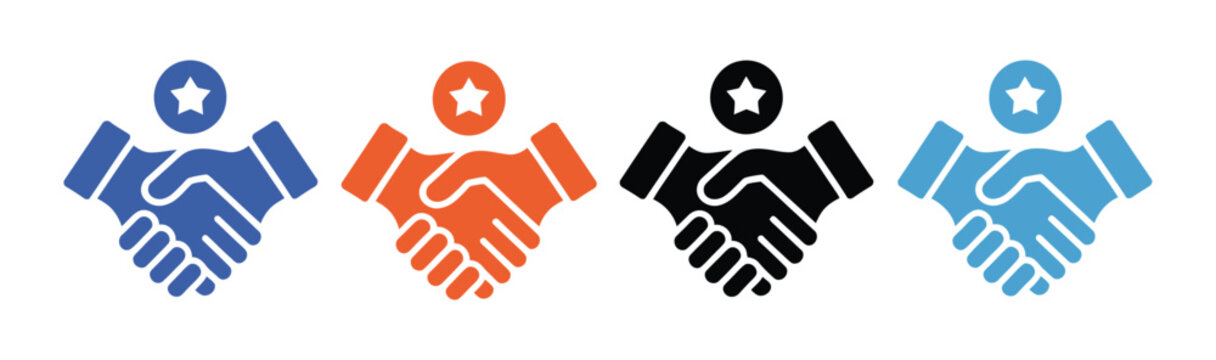 Handshake icons with star ratings in different colors representing client satisfaction quality service agreement concept minimal professional vector illustration for corporate use