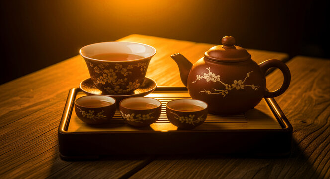 Traditional ceramic teapot and cups arranged on a wooden tray. Decorative floral patterns on clay pottery in warm golden light. Zen tea ceremony concept for wellness and Asian lifestyle marketing.