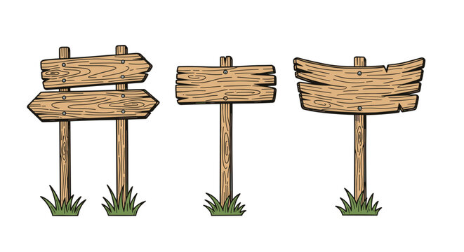 Set of three different rustic wooden signposts standing in green grass with detailed wood grain and textures.
