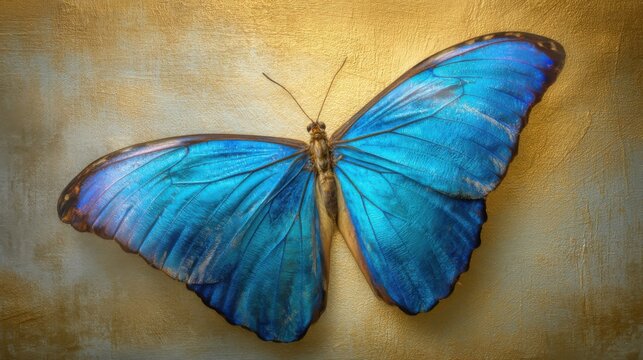 A striking Morpho butterfly displays its iridescent blue wings against a warm textured background.