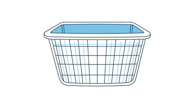 Simple line drawing of a plastic laundry basket with a woven lattice pattern and blue color highlights on top.