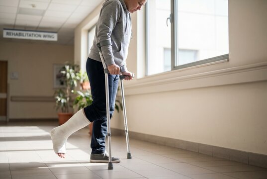 Injured woman walking with crutches in hospital corridor during rehabilitation