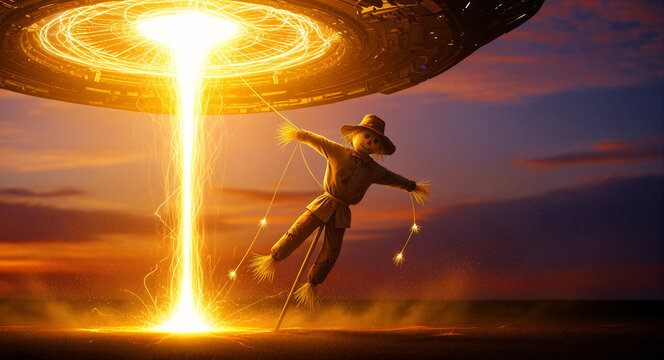 Scarecrow being abducted by a glowing UFO tractor beam in a field. Energy swirls from a circular spaceship against a sunset sky. Sci-fi concept for cinematic storytelling and creative posters.