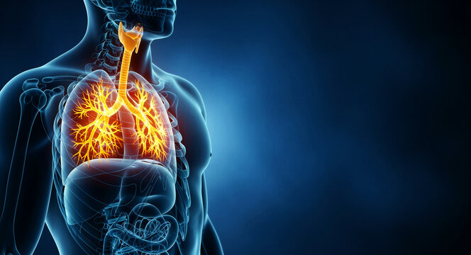 Glowing 3D illustration of human lungs and respiratory system. Bronchial tree and trachea highlighted in orange on a blue torso. Ideal for medical education, pulmonology health, and disease research.