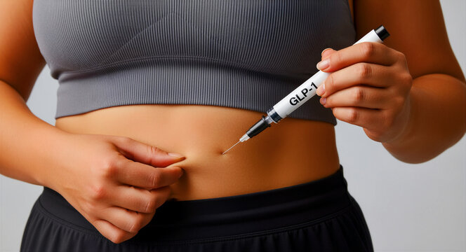 Woman injecting GLP-1 medication into her abdomen. Patient using a weight loss pen for subcutaneous treatment. Obesity management and medical healthcare concept for chronic weight control.