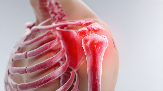 Human shoulder anatomy with highlighted impingement pain area medical illustration of skeleton