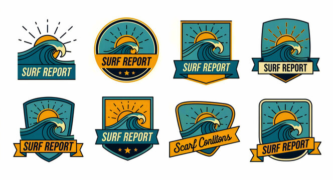 Vintage surf report logo set featuring ocean waves and sunburst designs. Retro badges in shield and circle shapes with a coastal color palette. Ideal for beach apparel and surf shop branding.