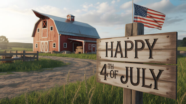 Rustic Happy 4th Of July Sign With Barn And American Flag For Patriotic Concepts