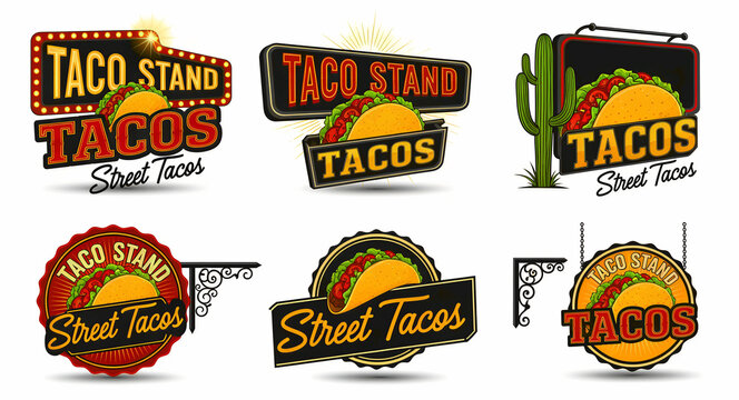 Vintage taco stand logo collection with retro typography and food graphics. Includes neon signs, cacti, and hanging brackets for Mexican cuisine. Branding assets for restaurants and food trucks.