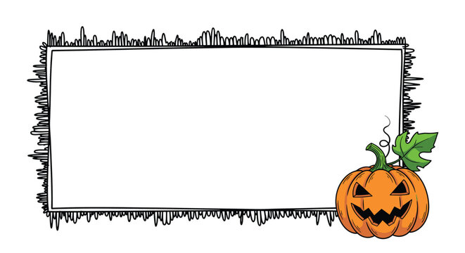 Halloween themed rectangular frame featuring a spooky jagged border and a smiling jack-o-lantern pumpkin in the bottom corner for festive designs.