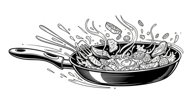 Illustration of food cooking in a frying pan with steam.