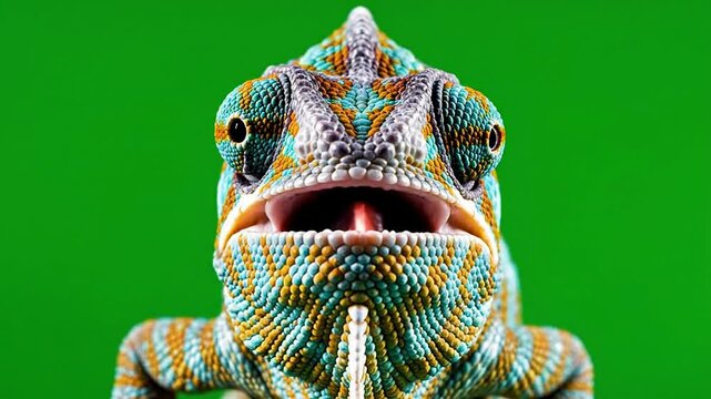 Close-up of a Vibrant Chameleon with Intricate Patterns and Playful Expression Against Green Background