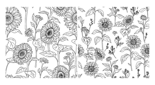 Seamless pattern with hand drawn sunflowers and floral elements in black and white