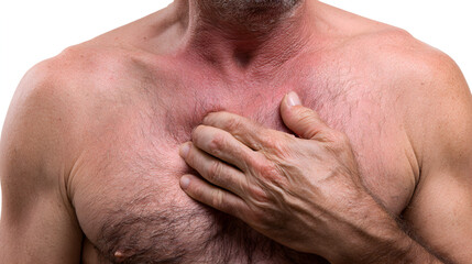 Naklejka premium Man experiencing chest pain holding his heart with a pained expression suffering from rib injury or slipping rib syndrome photorealistic medical illustration