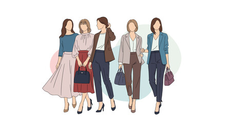Obraz premium Group of five professional women standing together wearing various stylish business casual outfits and holding handbags.