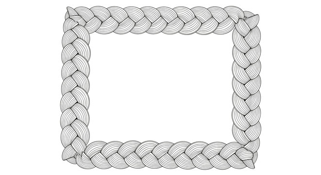 Decorative rectangular frame created with an intricate pattern of braided hair or rope shown in a detailed black and white etching style.